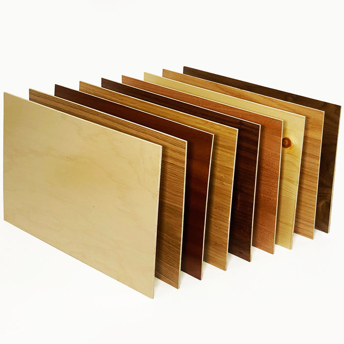 Double Sided 9 Piece Sample Pack, MDF core wood, 1/4 or 1/8 inch, 12x19 inches, Finished