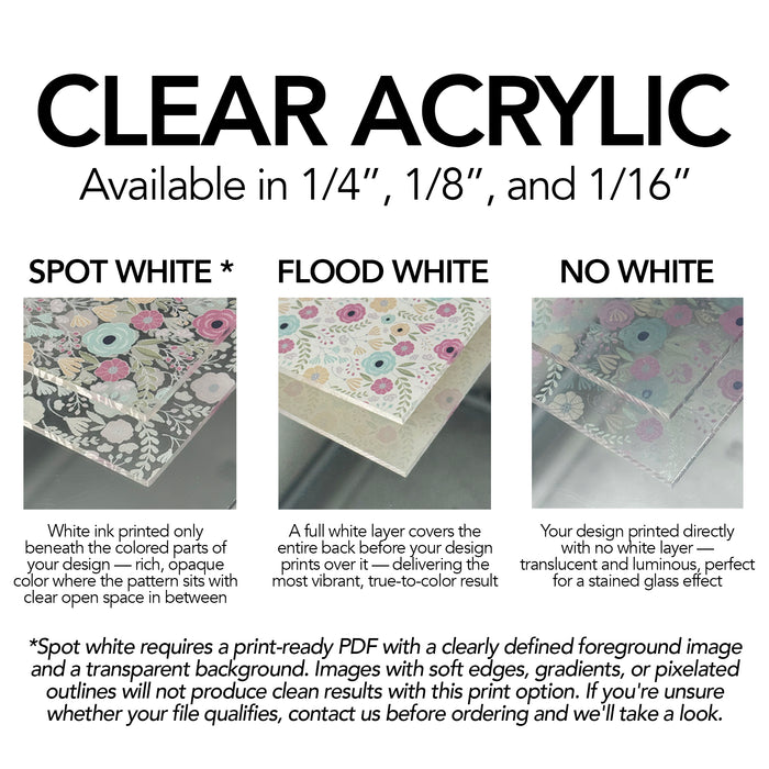 Clear acrylic print options — spot white flood white and no white — COLORboard Customs custom printing