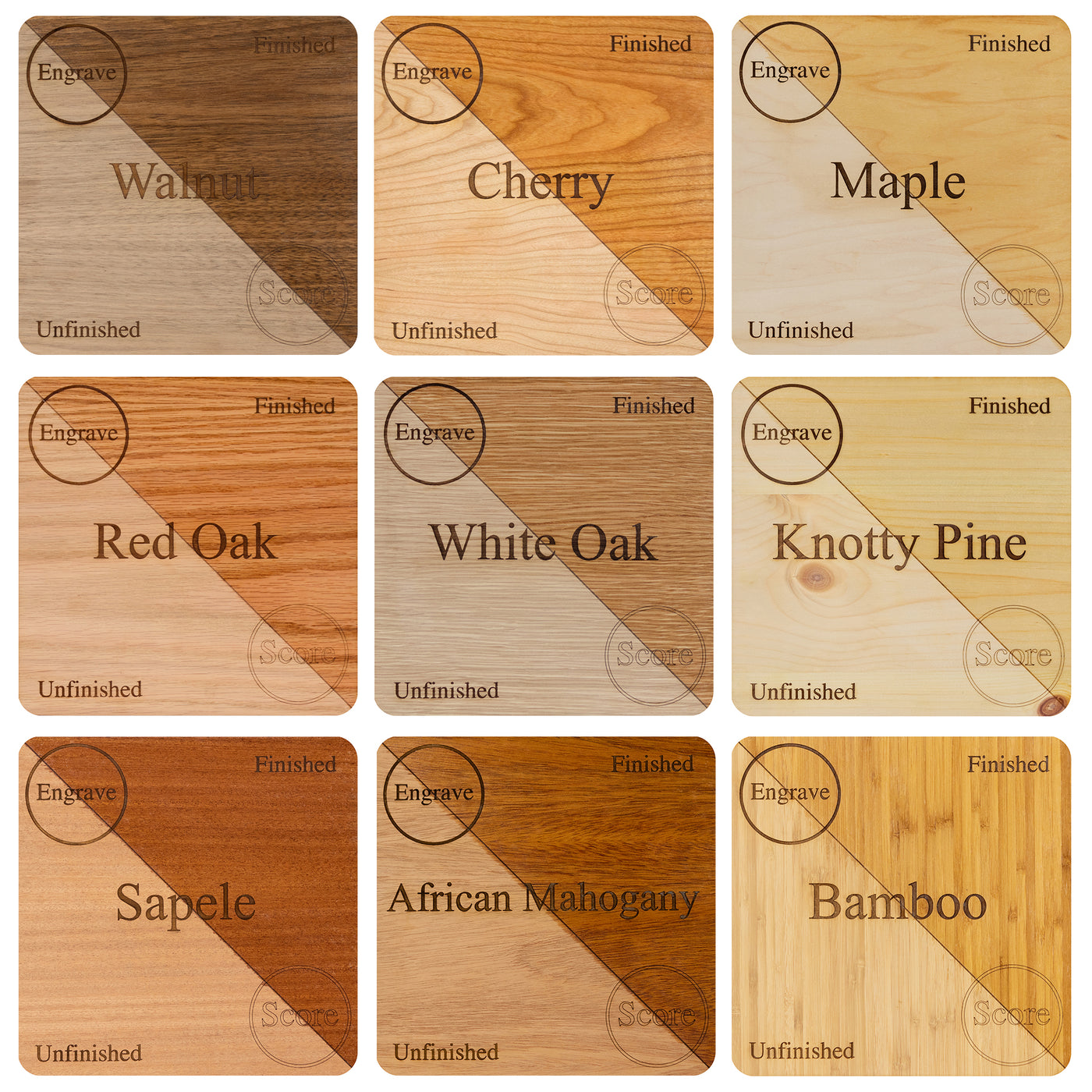 Double Sided 9 Piece Sample Pack, MDF core wood, 1/4 or 1/8 inch, 12x1 ...